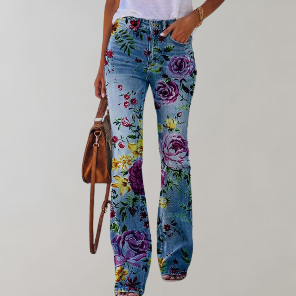 Frida - Pantalon en Jean Évasé à Motif Floral