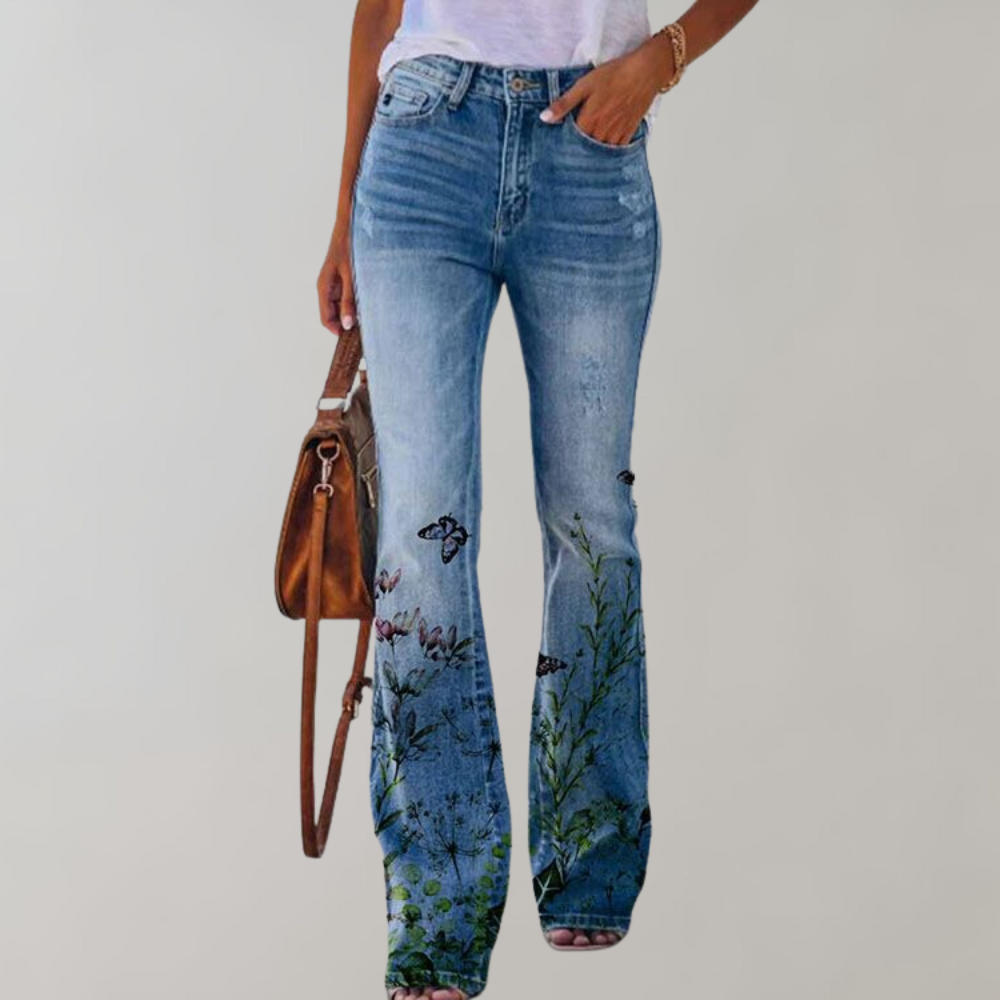 Frida - Pantalon en Jean Évasé à Motif Floral