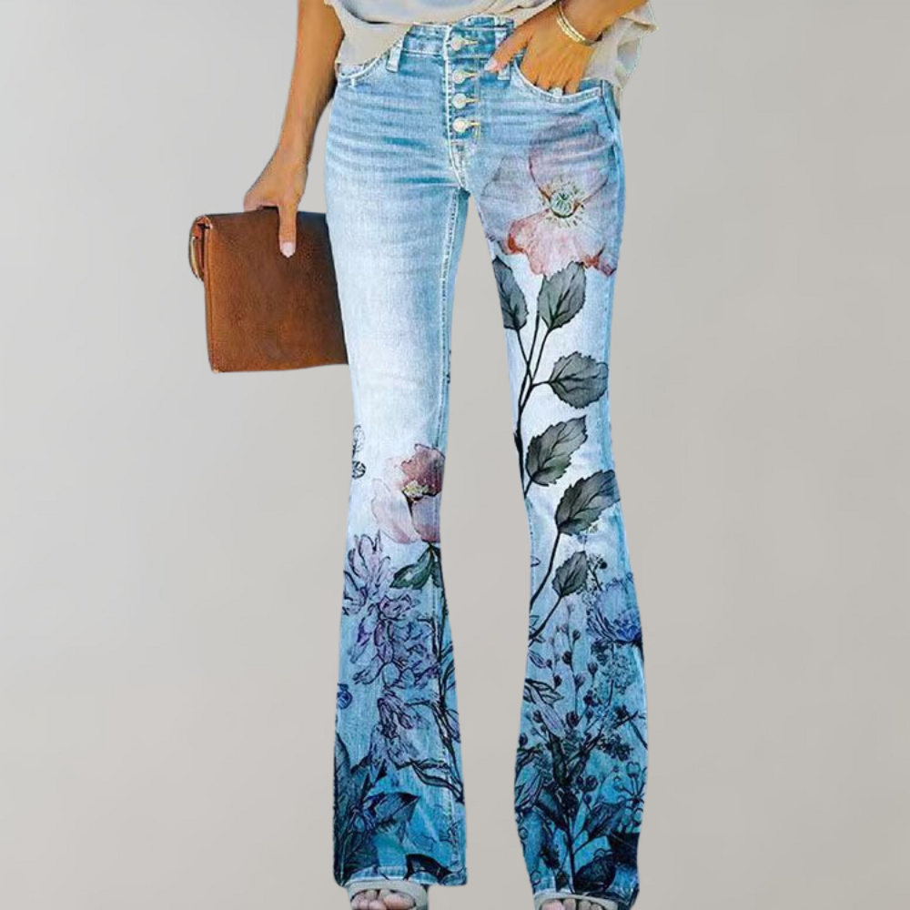 Frida - Pantalon en Jean Évasé à Motif Floral