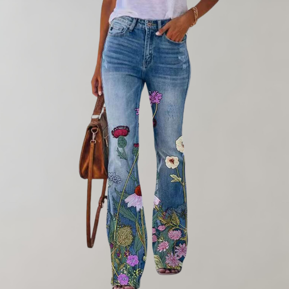 Frida - Pantalon en Jean Évasé à Motif Floral