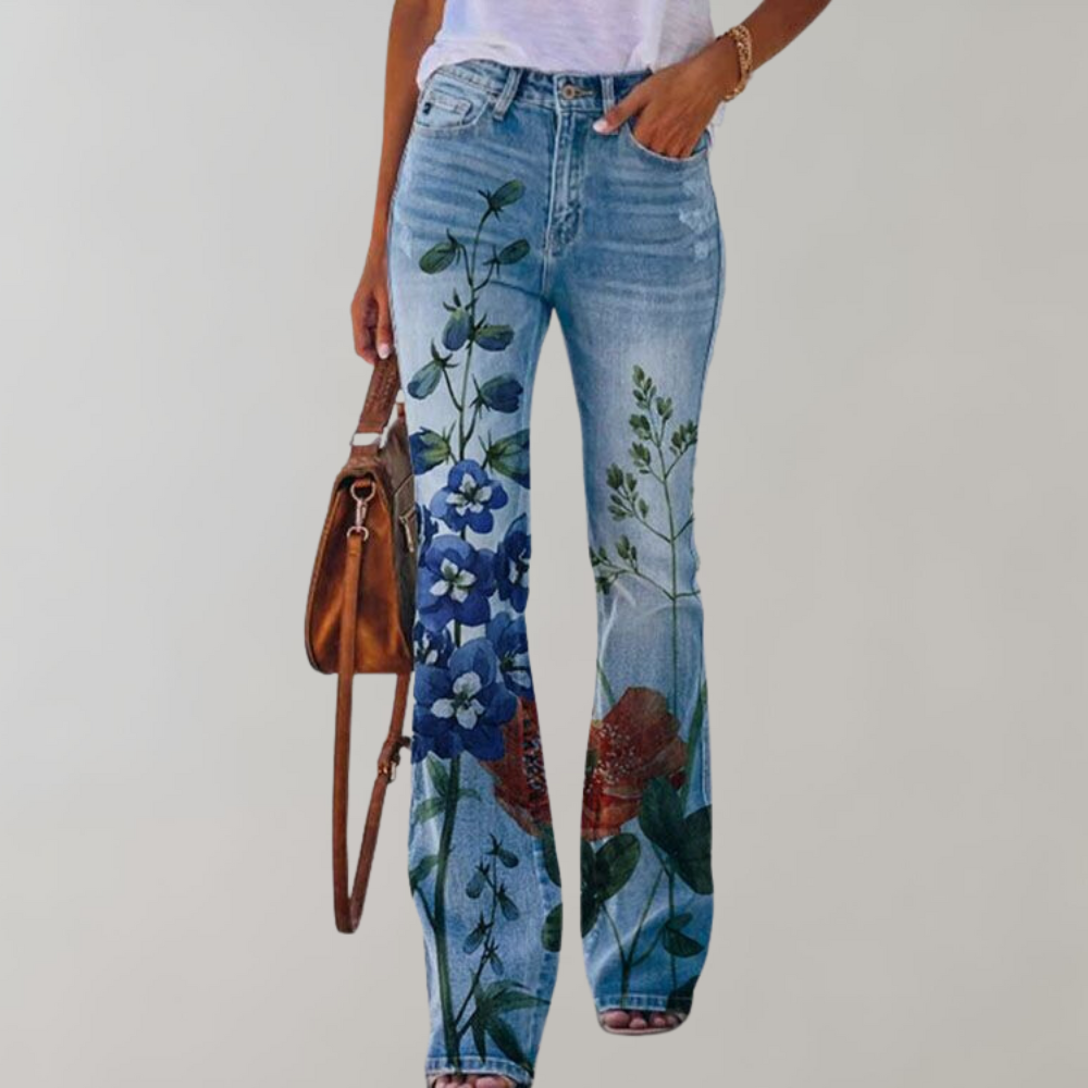 Frida - Pantalon en Jean Évasé à Motif Floral