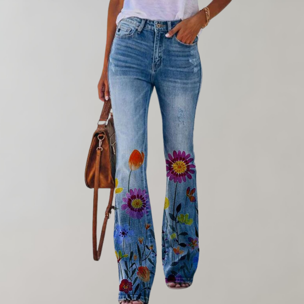 Frida - Pantalon en Jean Évasé à Motif Floral