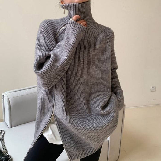 Nyzara™ - Pull gris uni à col montant